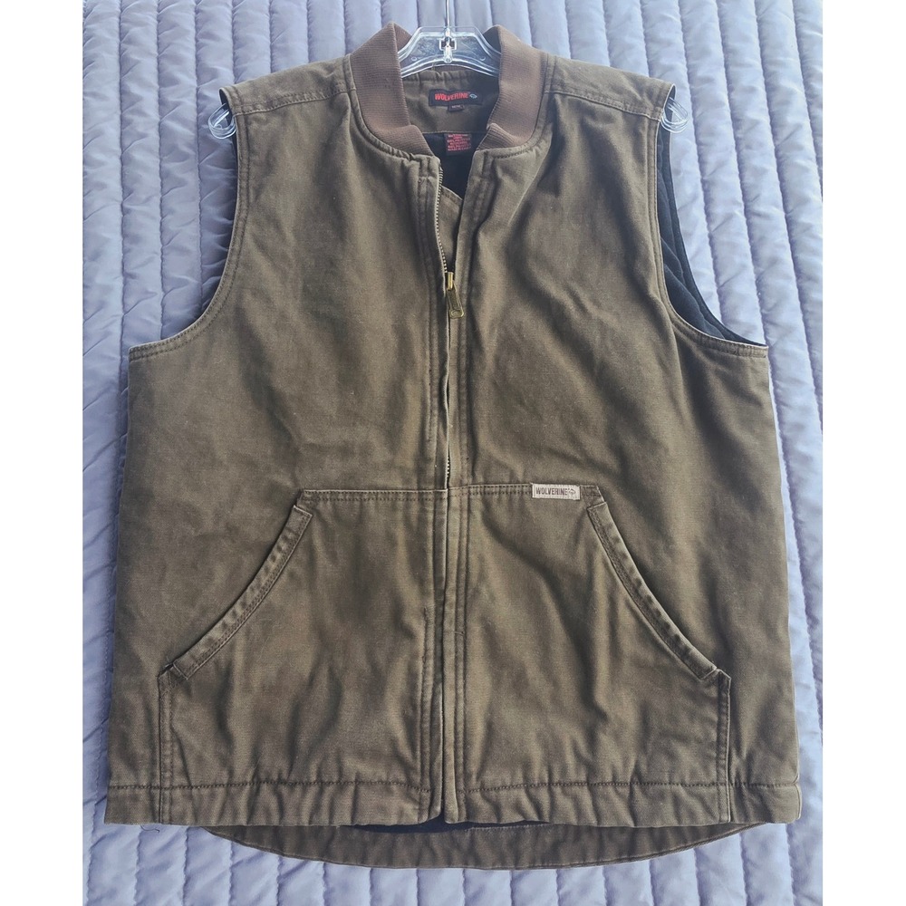 873 Wolverine Mens Canvas Work Vest Brn Duck Cotton Full Zip Fleece Lined Medium